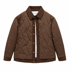 Mens <b>Brown</b> Quilted Padded <b>Jacket</b> <b>Corduroy</b> Collar Snap Button Casual Lightweight Winter Outerwear - Product Image 1