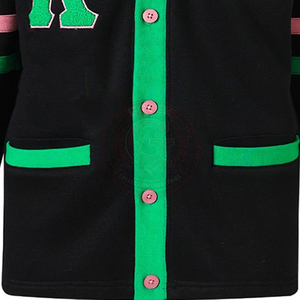 Cárdigan negro de hermandad con logo AKA de letras griegas, rayas rosas y verdes, cuello en V, tejido acrílico, mangas largas, suéteres para mujer. - Product Image 5