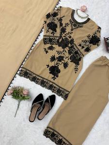 Conjunto de Salwar Kameez Modesto con Bordado Floral Beige, Kurta de Faux Georgette, Pantalón y Dupatta para Mujer, Ideal para Fiestas, Graduaciones y Bodas - Product Image 5