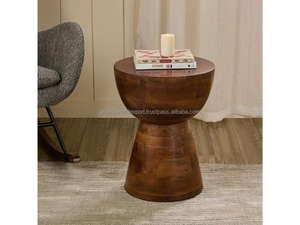 Juego de Mesa Auxiliar y Taburete de Madera de Mango, Mesa Auxiliar y Taburete de Madera de Mango Natural, Mesa Auxiliar Rústica de Madera con Taburete, Hecho a Mano - Product Image 2