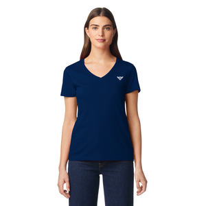 Camiseta de Manga Larga con Cuello en V Azul Marino con Logotipo para Mujer, Mezcla de Algodón Suave y Transpirable, Informal, Ligera, de Corte Regular para Uso Diario - Product Image 1