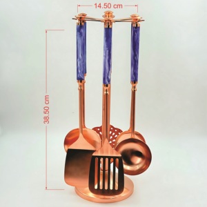 Juego de utensilios de cocina con acabado en cobre, 6 piezas, con mango de resina y soporte, utensilios de cocina vintage con acabado en cobre, portacubiertos hecho a mano. - Product Image 6