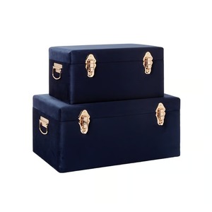 Navy Blue Velvet <b>Trunk</b> Set Of 2 Features Gleaming Gold Hardware And Side Handles For Luxurious, Elegant Home <b>Storage</b> Decoration - Product Image 1