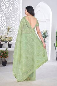 Green Embroidered <b>Tissue</b> Net Saree Blouse Women Traditional <b>Wedding</b> Wear India Pakistan Style Floor-Length Regular Fit Quick Dry - Product Image 5