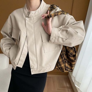 Women's Stand Collar <b>Short</b> Leather <b>Jacket</b> – Autumn Long Sleeve Leather Coat, Slim Casual Outerwear for Ladies - Product Image 2