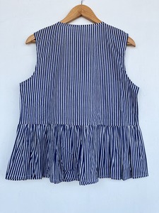 Blusa sin mangas a rayas azul marino estilo bohemio para mujer con lazo frontal, cuello redondo y diseño de peplum holgado acampanado - Product Image 2