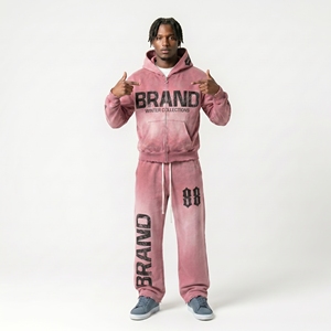 Men's <b>Pink</b> Hooded <b>Tracksuit</b> Full Zip Sweatshirt And Pants Set Winter Casual Wear With Brand Print And Side Pockets Flared Pant - Product Image 5