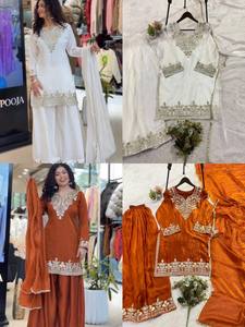 TENNECY Salwar Kameez en Soie Orange Brodé pour Femme, Tenue Traditionnelle Indienne et Pakistanaise pour Mariage, Longueur Cheville, Coupe Classique - Product Image 3