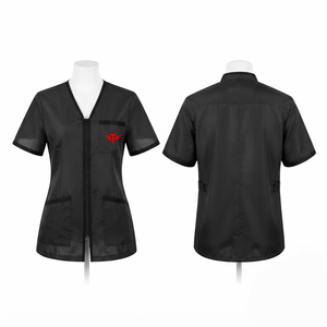 Camisa de Manga Corta con Cuello en V y Cierre para Hombre, Color Negro, con Logotipo Rojo en los Bolsillos, Ropa Casual de Invierno, de Lona, Secado Rápido, Transpirable y Ecológica - Product Image 1