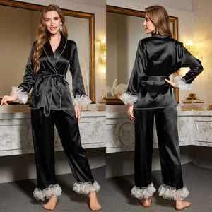 Conjunto de Pijama de Satén para Mujer, 100% Algodón, Tres Piezas, Ropa de Dormir de Lujo, con Encaje y Logotipo Frontal, Invierno, 300g, Personalizable, Secado Rápido - Product Image 2