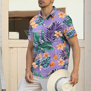 T-shirts hawaïens pour hommes, coupe ajustée, 100% coton, manches courtes, col montant, respirants - Vente en ligne à bas prix - Product Image 5