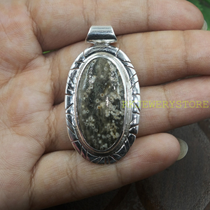 925 Sterling Silver Ocean Jasper Oval Pendant Handmade Natural Gemstone Jewelry Vintage Pattern <b>Statement</b> <b>Necklace</b> Charm Gift - Product Image 5