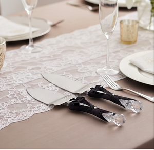 Ensemble de 2 couteaux et spatules à gâteau en acier inoxydable avec poignée en cristal et ruban, pour mariage et fêtes - Product Image 5