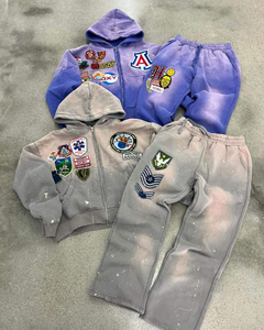 Sweat à capuche personnalisé avec broderie vieillie et pantalon de jogging vintage en coton zippé, coupe ample délavée à l'acide pour homme - Product Image 1