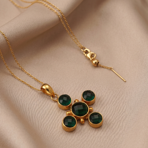 Apatite and <b>Emerald</b> Quartz Necklace 18K Gold Plated Cross <b>Pendant</b> Statement Necklace - Product Image 1
