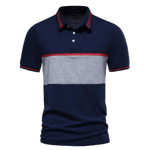 Polo à manches courtes pour homme, bleu foncé, avec blocs de couleur gris et bordure rouge, coupe classique, tricoté, 100 % coton, nouvelle collection, vente flash - Product Image 1