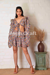 Ensemble 2 pièces bohème pour femme, haut court à col volanté et manches longues, jupe au-dessus du genou en crêpe à motif géométrique, respirant, séchage rapide, taille XL - Product Image 6