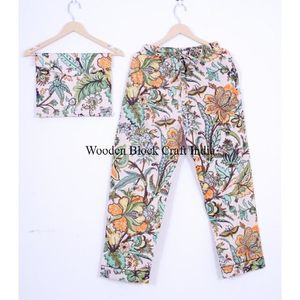 Ensemble de pyjama en coton à manches 3/4 à imprimé floral, imprimé à la main, vêtements de nuit pour femmes, couleur unie disponible, prix de gros - Product Image 3