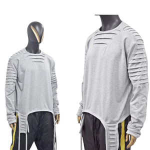 Chemise à manches longues en jersey épais pour homme, gris, style streetwear, effet vieilli, avec manches coupées et liens à l'ourlet, tailles XS-8XL - Product Image 2