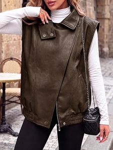 Chaleco de cuero PU verde para mujer, chaqueta sin mangas, cuello alto, bolsillos con cremallera, resistente al viento - Product Image 6