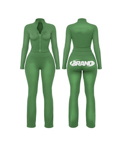 Conjunto premium de camiseta y leggings de nailon y spandex de 240 GSM, color marrón, corte ajustado, con cremallera, logotipo personalizado, impresión por transferencia térmica. - Product Image 5