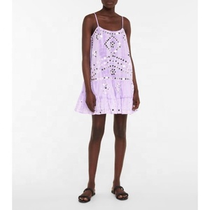 Minivestido de algodón lila de verano animado para mujeres niñas espejo exclusivo bordado blanco mano Tie Dye túnica con lentejuelas Natural - Product Image 2