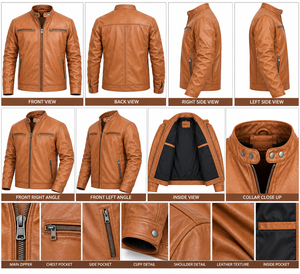 Chaqueta de Motociclista de Cuero Genuino Marrón para Hombre, Cuello Alto, Cierre de Cremallera, Corte Ajustado, para Otoño - Product Image 5