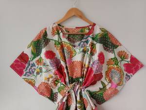 Robe Kaftan pour femmes, imprimé floral vintage, 100% coton, lavable, bordure en dentelle, longueur genoux, tenue ample - Product Image 4