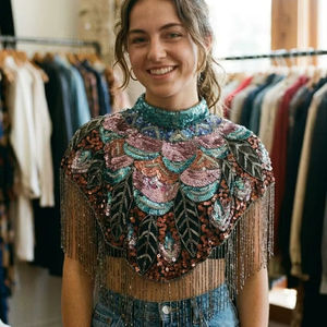 Blouse cape vintage de créateur, sur mesure, broderie à la main, franges, décoration à sequins, grande taille, saison hiver, automne, printemps - Product Image 1