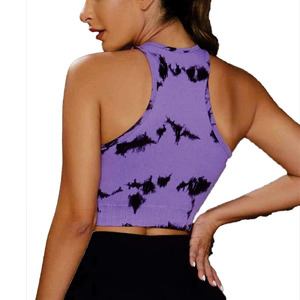 women's shirt Lavender Black Abstract Print Ribbed Racerback Crop Tank <b>Top</b> Seamless Sleeveless Yoga Vest for Boutique Fitness - Product Image 4