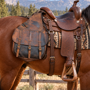 Sac de selle de cheval en cuir rustique |   Pochette de rangement pour selle d'équitation western avec double fermeture à boucle latérale pour la randonnée équestre - Product Image 4