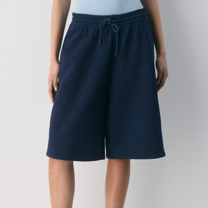 Women's Navy Blue Bermuda Shorts 100% Cotton Knitted <b>Drawstring</b> Waist Loose Fit Casual Style Solid Color Mid Waist - Product Image 1