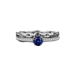 Anillo de Diamantes de Zafiro Redondo, Color DEF, Claridad VS VVS, Oro Sólido de 14K, Diseño de Cadena con Pavé, Anillo de Boda Único - Product Image 1