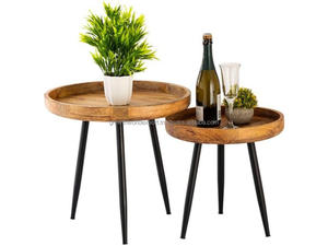 Mesa Auxiliar Redonda de Madera con Bandeja Superior, Mesa de Centro Moderna de Madera y Metal, Mesa Auxiliar de Café con Bandeja de Madera Maciza, Mesa Redonda Minimalista para Servir - Product Image 3