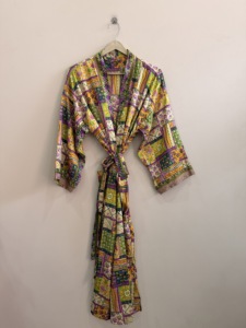Patchwork Silk <b>Satin</b> Long <b>Kimono</b> <b>Robe</b> Soft and Comfy Summer Beach Cover up with V-neck Drawstring Closure Front Logo Mid Rise - Product Image 4