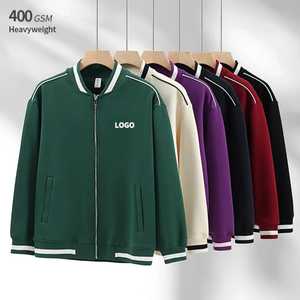 Blouson bomber décontracté unisexe violet personnalisé avec fermeture éclair intégrale et bordure côtelée rayée - Product Image 1
