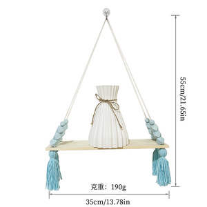 Bohemian <b>Wooden</b> Single Tier Wall Shelf Hanging Rope Pink Beaded Tassel <b>Decor</b> Storage Rack for Living Room <b>Nursery</b> - Product Image 2