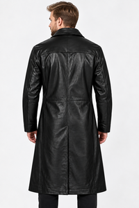 <b>Men's</b> <b>Black</b> Genuine Leather <b>Long</b> Trench <b>Coat</b> Full Zip Front Snap Button Closure Multi Pocket Winter Fashion Overcoat OEM - Product Image 4