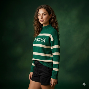 Suéter Ecológico para Mujer, Tejido a Rayas Verdes, Cuello Redondo, Manga Larga, Estampado de Letras, Estilo Casual, Corte Regular, Otoño - Product Image 1