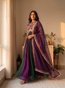 Designer Embroidery And <b>Beds</b> Work Nc Moss Silk Gown With Bottom And Butterfly Net Dupatta Fully Stitched <b>Ready</b> To Wear Set - Product Image 4