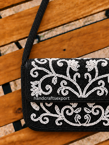 Women's Black and <b>White</b> Beaded Magnetic Closure Single Strap Envelope Shoulder Bag Handmade Vintage Floral - Product Image 5