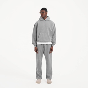 Ensemble de survêtement gris à capuche pour homme, coupe décontractée, pantalon long, couleur unie, 100 % coton, idéal pour l'automne - Product Image 1
