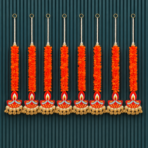Guirnalda Colgante de Diya con Flores de Caléndula Naranja y Perlas, Decoración Festiva para Puerta, Pared, Diwali, Mandir y Hogar - Product Image 6