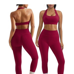 Conjunto de Sujetador Deportivo con Cuello Halter y Ribete en Contraste, Leggings de Cintura Alta y Longitud Completa, Ropa de Yoga sin Costuras de Spandex y Poliéster - Product Image 2