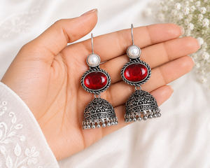 Oxidized <b>Silver</b> Jhumka <b>Earrings</b> | Pearl <b>Dangle</b> Drop <b>Earrings</b> | Handmade Indian Boho Ethnic Tribal Jewelry for Women | Wholesale - Product Image 6