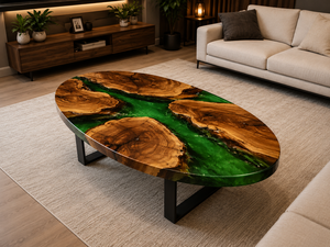 Oval Shape Green Epoxy Wood Table Handmade Dining Room Luxury Furniture - Product Image 2