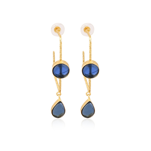 Elegant <b>Gold</b> Plated Blue Hydro Gemstone Brass Bezel Set <b>Earring</b> Handmade Fashion Jewelry for Women Gift - Product Image 1