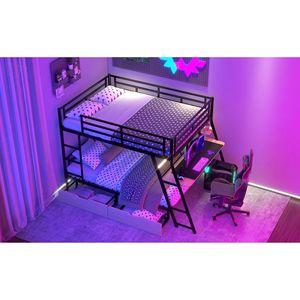 Lit superposé en métal noir pleine taille avec bureau intégré et éclairage, 2 tiroirs - Product Image 5