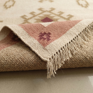 Tapis élégant en jute tissé à la main, crème terre cuite, motif géométrique moderne en losanges, à franges, antidérapant, épais, pour salon - Product Image 6