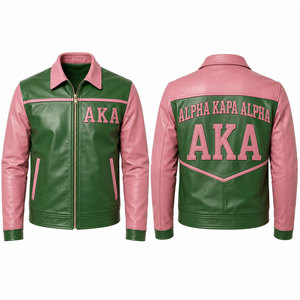 Chaqueta Universitaria de Cuero Rosa y Verde Bordada Alpha Kappa Alpha AKA para Hombre, Cierre de Cremallera, Cuello Camisero - Product Image 1